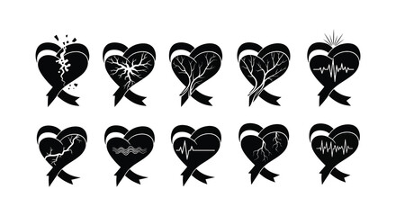Black heart shapes with ribbons depicting various stages of emotional distress