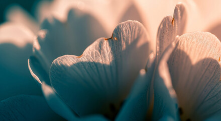 Close-up macro shot of delicate flower petals with sparkling water drops.