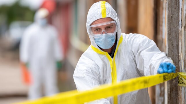 Health Workers in Protective Gear Conducting Safety Protocols and Hazard Assessments at a Contaminated Site with Yellow Caution Tape