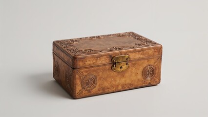 Antique wooden box with ornate carvings and a brass latch on a plain background. Traditional storage or jewelry box. Vintage collectible item.