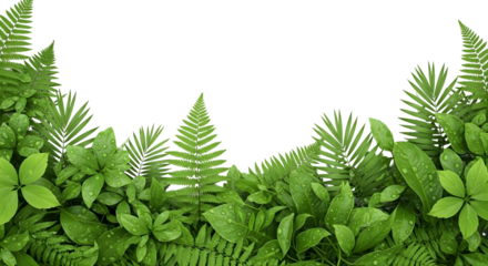 A detailed, photorealistic digital cutout of a border of lush green tropical ferns and foliage, isolated on a transparent background, bottom border element.