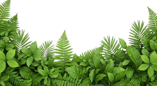 A detailed, photorealistic digital cutout of a border of lush green tropical ferns and foliage, isolated on a transparent background, bottom border element.