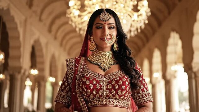 Beautiful Indian Bride in Traditional Wedding Attire Standing Gracefully Beneath Chandeliers