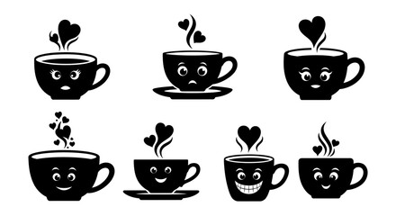 Coffee cups with heart shaped steam and facial expressions. Black silhouette vector icon set of expressive hot drinks for cafe and beverage branding.