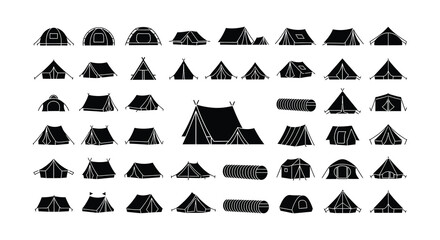 A collection of black and white tent icons and camping related objects © MdNirob