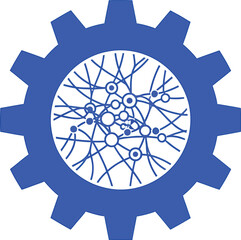Abstract blue gear with neural network concept symbolizing innovation technology and industrial progress isolated on white background