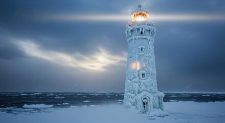 Icy Lighthouse Beacon Guiding Ships Through Winter Storm.