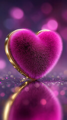 Fototapeta premium Rosa pelziges Herz mit goldener Umrandung auf glitzerndem Hintergrund