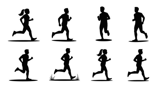 Set of eight black silhouette illustrations depicting people running in various strides and postures, including both male and female figures, isolated on a pure white background