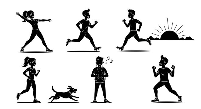 Black and white silhouette illustration of people exercising outdoors, including a woman stretching, men running, and a man listening to podcasts, perfect for fitness related content