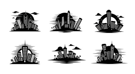 Naklejka premium Set of six unique cityscape silhouettes Black and white city skyline with skyscrapers and urban buildings Modern urban landscape for corporate and architectural designs Vector city illustration