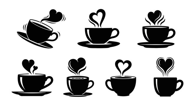 Set of eight unique coffee cup silhouettes Black cups with heart shaped steam above them Vector beverage illustrations for cafe logos and warm drink advertisements