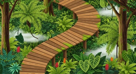 Wooden Path Through Lush Jungle Illustration.