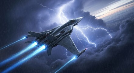 Fighter Jet Soaring Through a Violent Thunderstorm with Lightning Strikes.