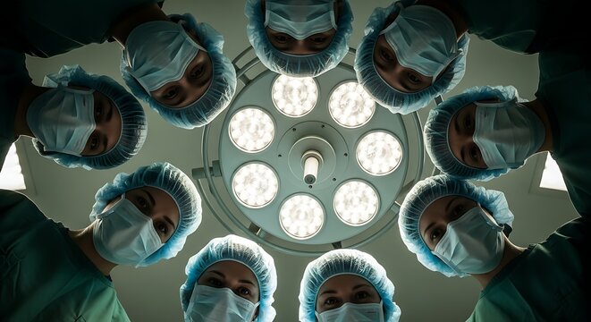 Dedicated Medical Team of Healthcare Professionals Wearing Surgical Masks and Caps Looking Down Upon the Patient During a Complex Surgical Operation Under Bright Illumination
