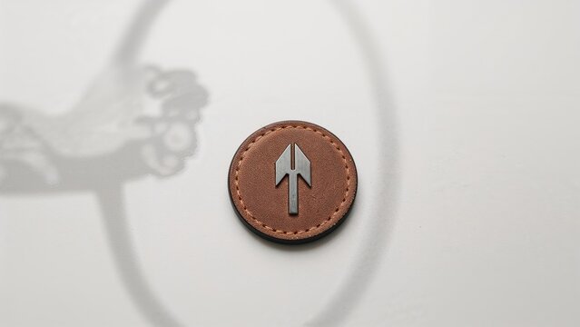 A leather patch with an arrow symbol on a white surface.