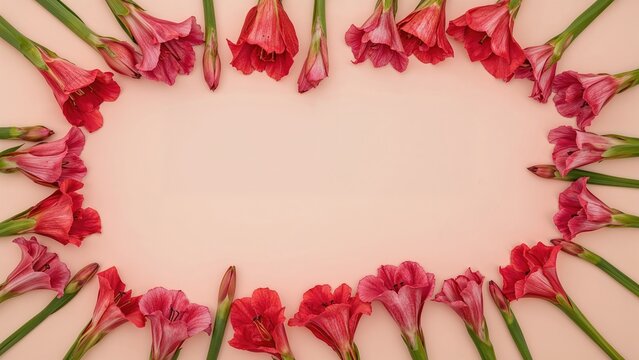 Pink and red flowers arranged in a border with a blank space in the center.