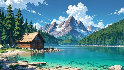 Anime landscape of a cozy log cabin by a pristine turquoise lake with majestic snow-capped mountains and lush pine forests under a clear blue sky.