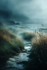 Ethereal Foggy Pathway Through Lush Grassy Landscape