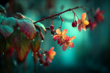 Rain kissed blossoms and leaves with warm hues