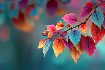 Colorful Leaves on a Branch with a Dreamy Background