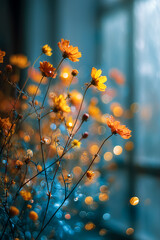 Golden Orange Flowers with Dreamy Bokeh Lights Against a Soft Blue Background