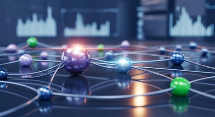 Abstract visualization of interconnected nodes with glowing spheres and data charts in the background, representing a network or system.