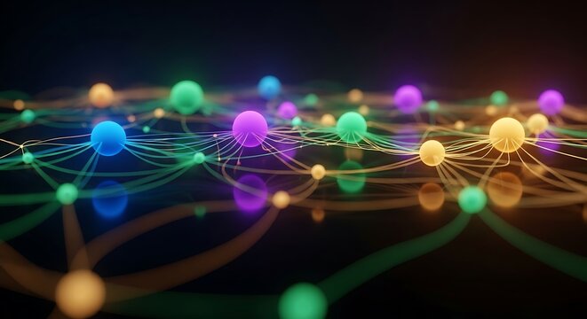 Abstract network visualization with interconnected colorful spheres and glowing lines against a dark background, representing connection and technology.