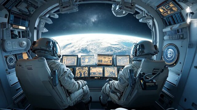 Four astronauts sit in the control center of a spacecraft, observing Earth surface and preparing for navigation during their mission