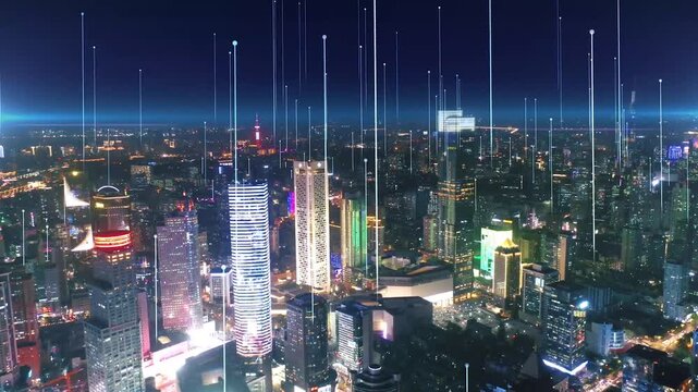 Smart city dot point connect with gradient line Skyline Futuristic Network Background Video.