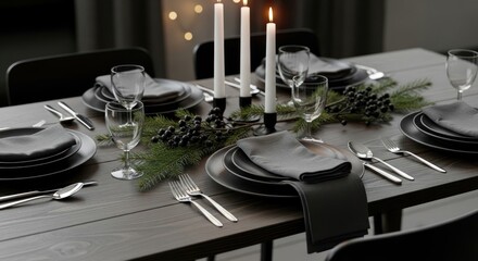 Elegant Christmas Table Setting with Candles and Pine Cones.