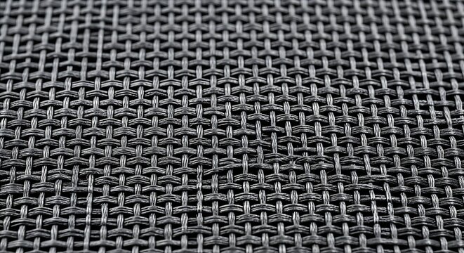 Extreme Close-up Macro View of Dark Woven Mesh Texture Background Showing Intricate Interlacing Pattern of Gray and Black Synthetic Fibers Creating a Durable Screen Material Surface for Indu - Powered by Adobe