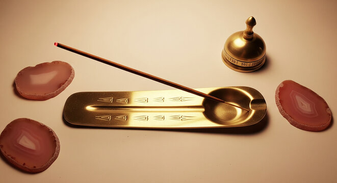 Brass Incense Holder with Crystals and Meditation Bell Still Life
A warmly lit, artistic still life featuring items associated with meditation, spirituality, and relaxation
