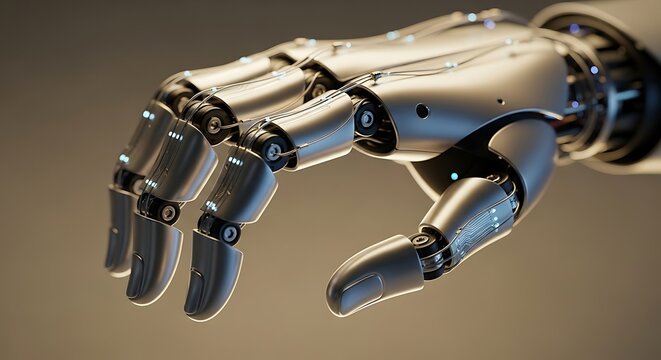 A close-up of a highly detailed, metallic robotic hand with articulated fingers, suggesting advanced technology or artificial intelligence.