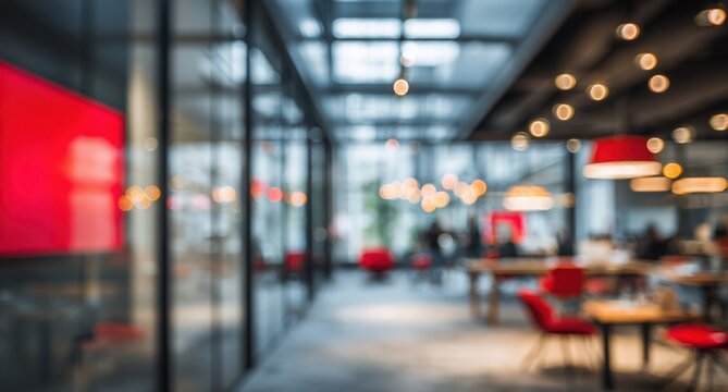 A blurry image of a restaurant with red walls and red chairs