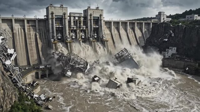 Emergency: enormous dam collapses, thick cloud of dust and concrete fragments erupts, water overruns hydroelectric structures, flooding valley beyond.