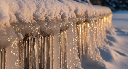 Golden hour sunlight illuminates a breathtaking array of sparkling icicles hanging from a snow-covered ledge, creating a beautiful winter wonderland scene