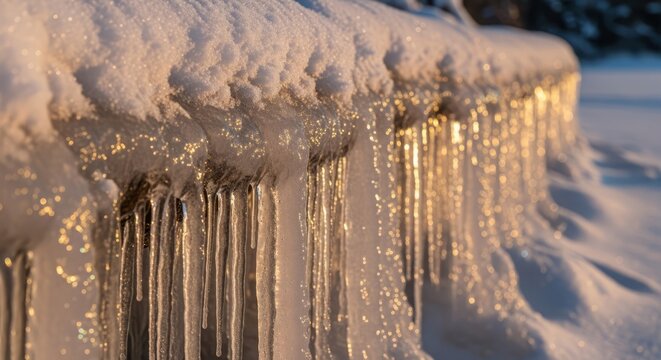 Golden hour sunlight illuminates a breathtaking array of sparkling icicles hanging from a snow-covered ledge, creating a beautiful winter wonderland scene
