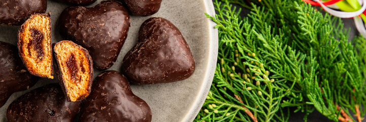 Gingerbread chocolate heart shaped honey cakes Christmas sweet dessert new year natural product tasty snack fresh delicious gourmet food background on the table rustic top view copy space
