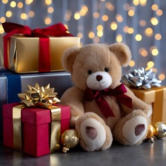 Cozy Holiday Setting with Teddy Bear, Gift Boxes, and Twinkling Lights