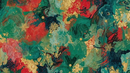 Abstract colorful painting with vibrant red, green, yellow, and blue splashes and swirling patterns. Artistic expression and creative design.