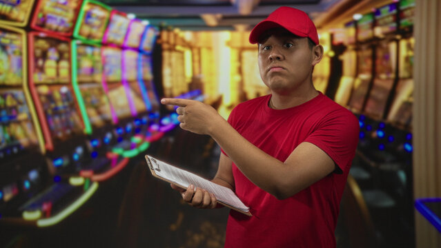 Young hispanic man pointing finger at slot machine and holding clipboard in casino building; surprise inspection.