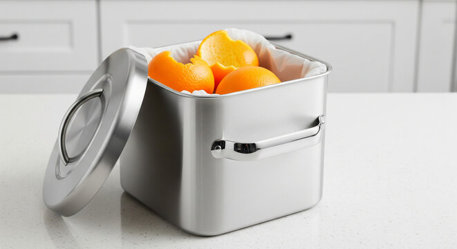 Modern Stainless Steel Composter with Orange Peels on Countertop
A sleek, square, stainless steel kitchen countertop composter is featured, containing orange peels and organic waste