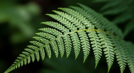 Close-up of a vibrant green fern frond covered in tiny water droplets, showcasing intricate leaf patterns against a blurred, lush green background.