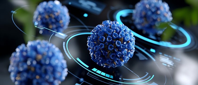 Blue Virus Cells with Digital Interface and High-Tech Elements Display