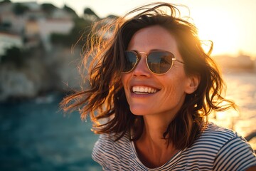 Happy woman enjoying sunset by the ocean with wind in her hair