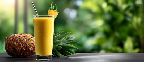 Refreshing Pineapple Smoothie with Fresh Fruit and Green Background