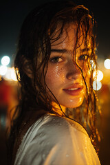 Captivating woman with wet hair under warm city glow
