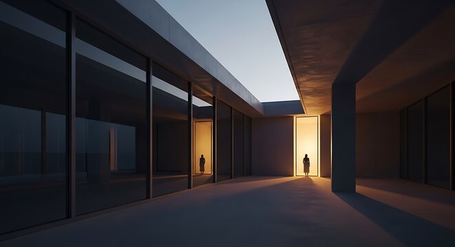 Silhouette of a person standing in a brightly lit doorway at the end of a long, modern corridor with large windows, creating a sense of mystery.