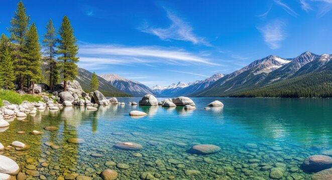 Crystal clear turquoise water reveals smooth stones at the bottom of a pristine mountain lake, reflecting a vibrant blue sky and snowcapped peaks